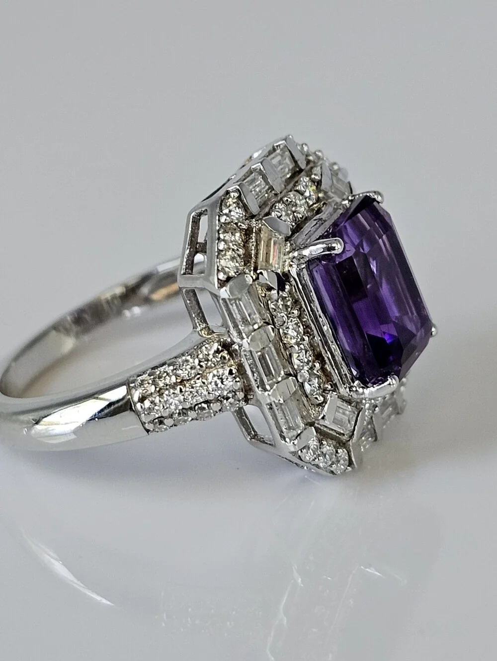 Genuine Amethyst & White Moissanite Ring Sterling Silver Platinum Overlay Sz 7!
